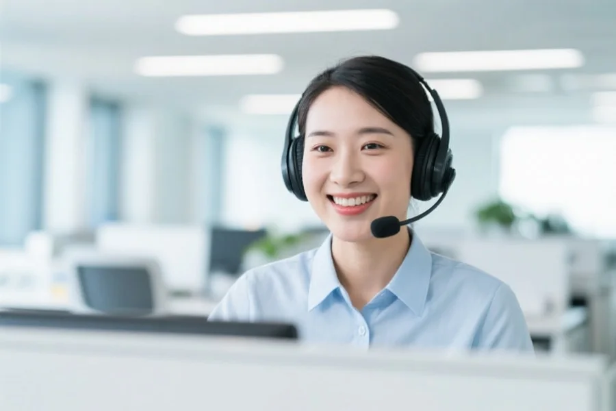 一位微笑的客服人员佩戴耳机在明亮的办公室中为客户提供帮助，背景为现代化办公环境
